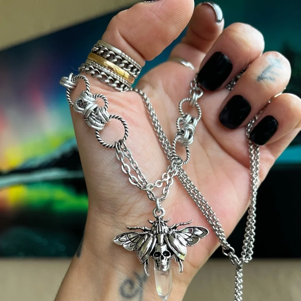 Handmade maille choker necklace moth crystal quartz stainless steel boho goth - Picture 10 of 11